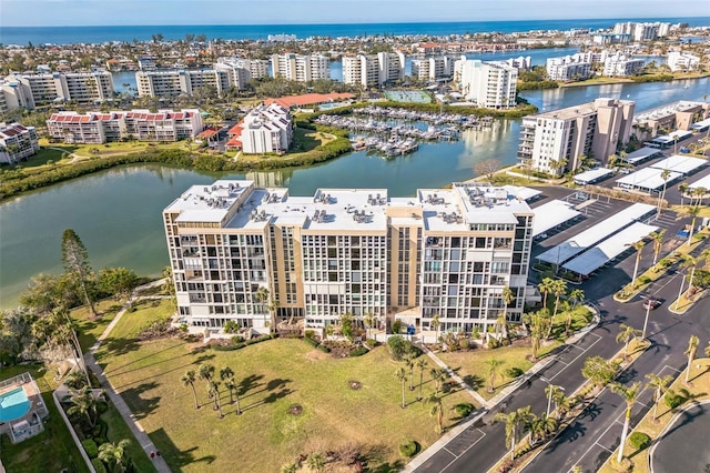 aerial view featuring a water view