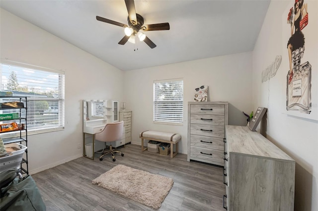 office area with ceiling fan, plenty of natural light, and wood-type flooring