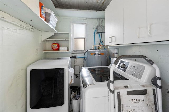 laundry area with cabinet space, separate washer and dryer, and electric water heater