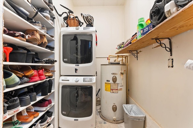 laundry area featuring stacked washer and dryer and gas water heater