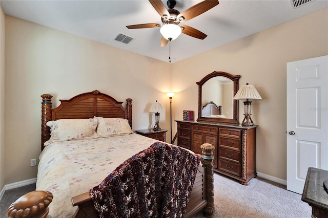 bedroom with light colored carpet and ceiling fan