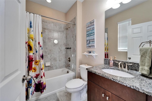 full bathroom with tile patterned flooring, vanity, toilet, and shower / bathtub combination with curtain