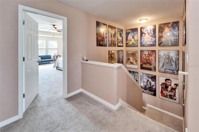 hall featuring light colored carpet and a textured ceiling