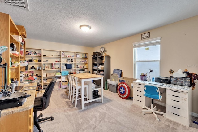 carpeted office space with a textured ceiling