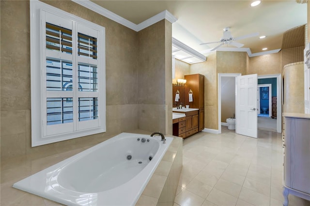 bathroom with vanity, tile patterned flooring, ceiling fan, ornamental molding, and tiled bath