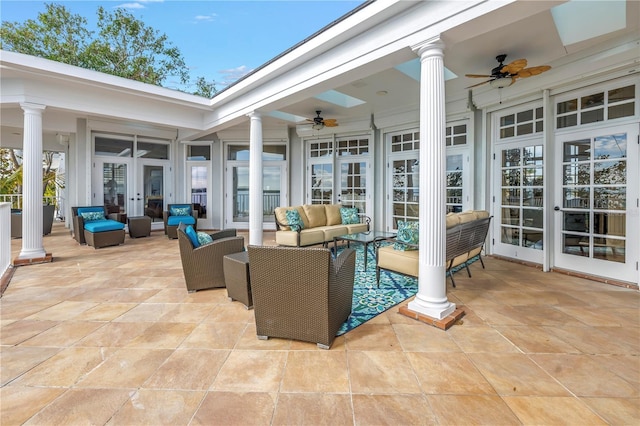 view of patio / terrace with outdoor lounge area, french doors, and ceiling fan