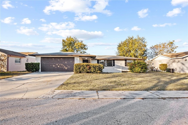 ranch-style house with a front yard and a garage