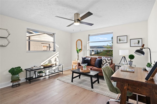 office area with ceiling fan, a textured ceiling, and light hardwood / wood-style flooring