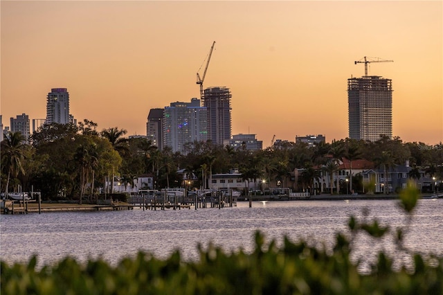 property's view of city featuring a water view