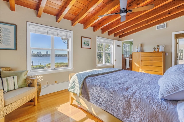 bedroom with ceiling fan, wooden ceiling, lofted ceiling with beams, a water view, and light wood-type flooring