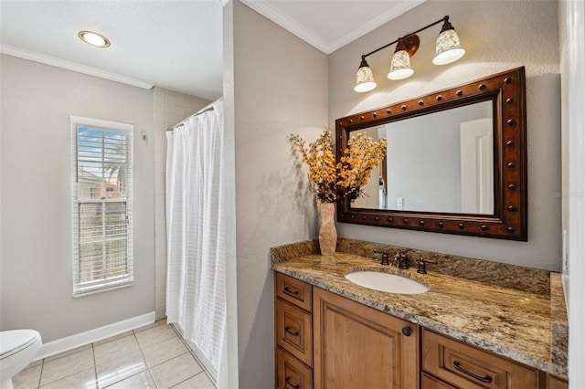 full bath with tile patterned floors, toilet, baseboards, crown molding, and vanity