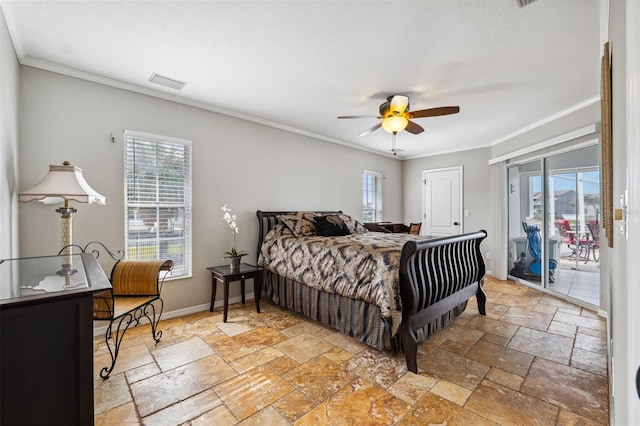 bedroom featuring crown molding, ceiling fan, stone tile flooring, access to outside, and visible vents
