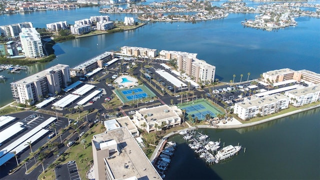 aerial view featuring a water view