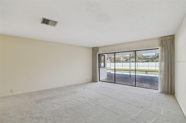 spare room featuring light colored carpet and a textured ceiling