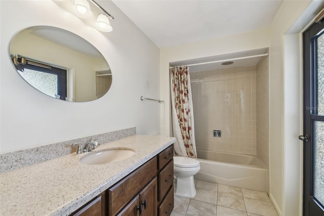 full bathroom with tile patterned flooring, vanity, toilet, and shower / bathtub combination with curtain