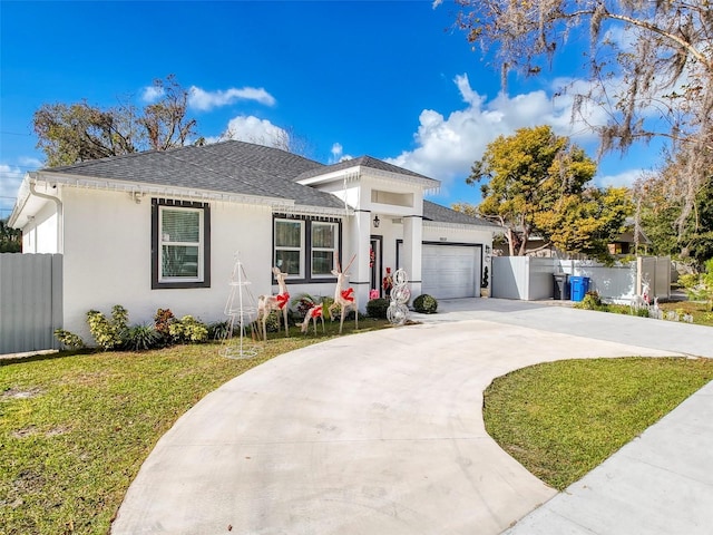 view of front of property featuring a front lawn and a garage