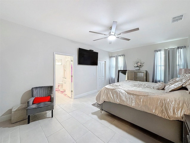 tiled bedroom with ceiling fan, connected bathroom, and a closet