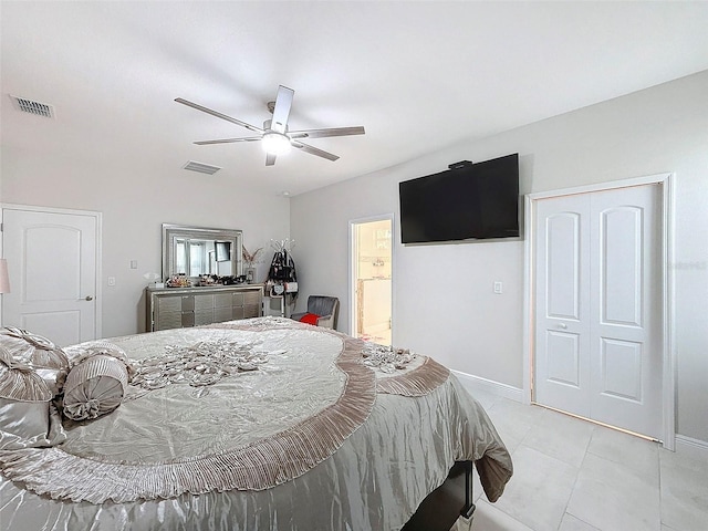 bedroom featuring ceiling fan and light tile patterned flooring