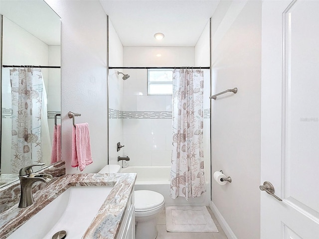 full bathroom featuring tile patterned floors, vanity, shower / tub combo, and toilet