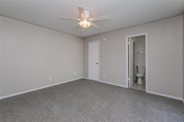 unfurnished bedroom with carpet flooring, a textured ceiling, ceiling fan, connected bathroom, and a closet