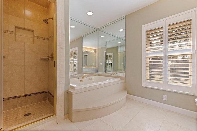 bathroom featuring tile patterned flooring and shower with separate bathtub