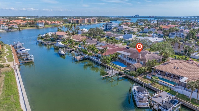 bird's eye view with a water view