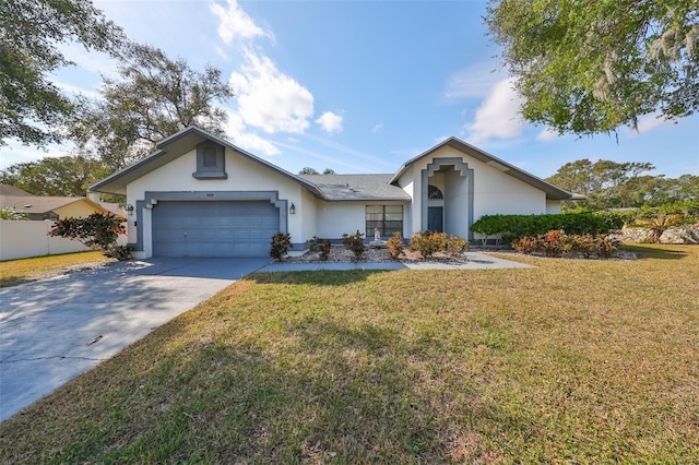 ranch-style house with a front yard and a garage