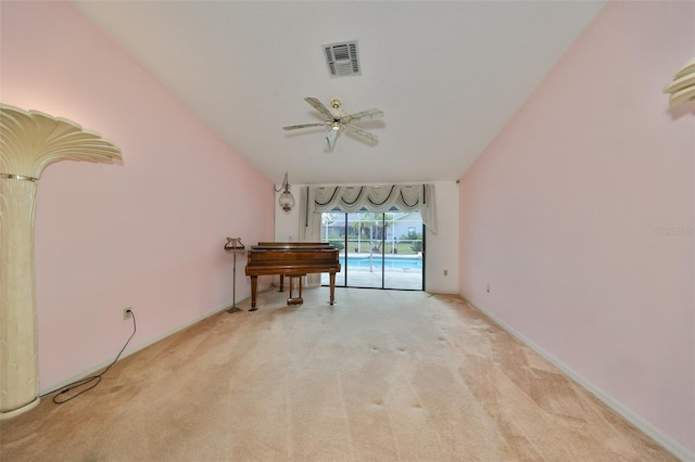 misc room with light carpet, a pool, vaulted ceiling, and ceiling fan