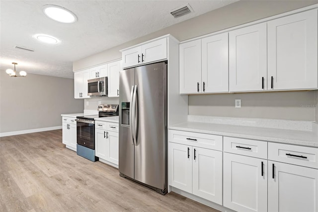 kitchen featuring white cabinetry, light hardwood / wood-style flooring, stainless steel appliances, and a textured ceiling