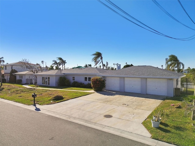 ranch-style home with a front yard and a garage