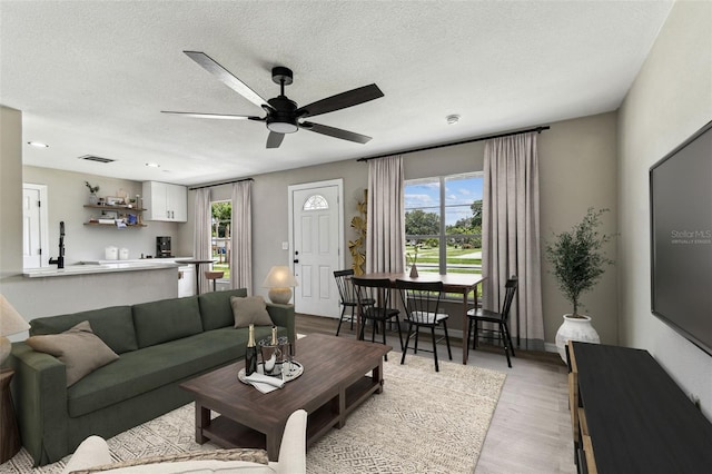 102 Shore Dr E, Oldsmar, FL 34677 - living room featuring plenty of natural light, ceiling fan, light wood-style floors, and a textured ceiling
