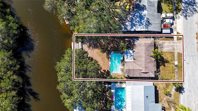 drone / aerial view featuring a water view