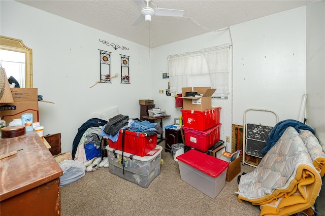 interior space with carpet flooring, a textured ceiling, and ceiling fan