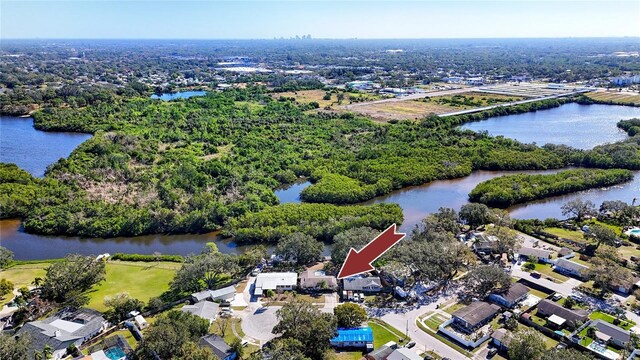 bird's eye view with a water view