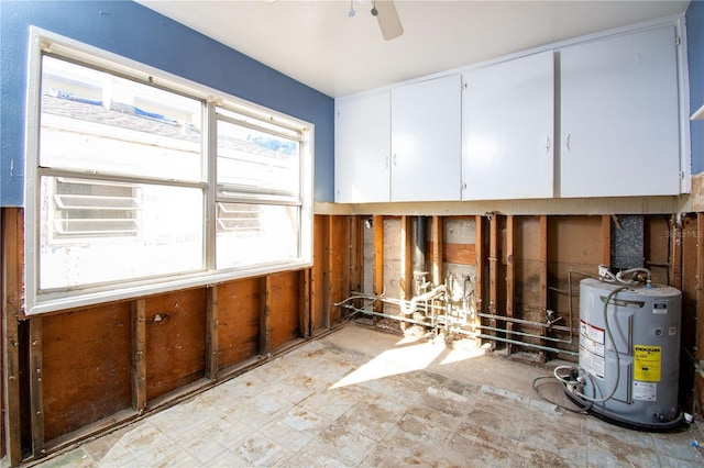 misc room featuring ceiling fan and water heater