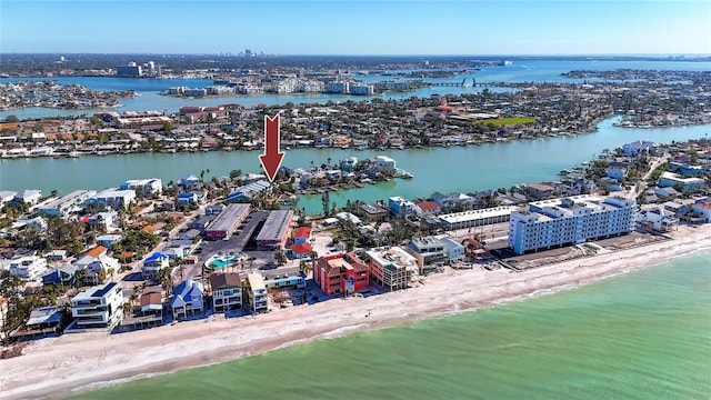 aerial view featuring a beach view and a water view