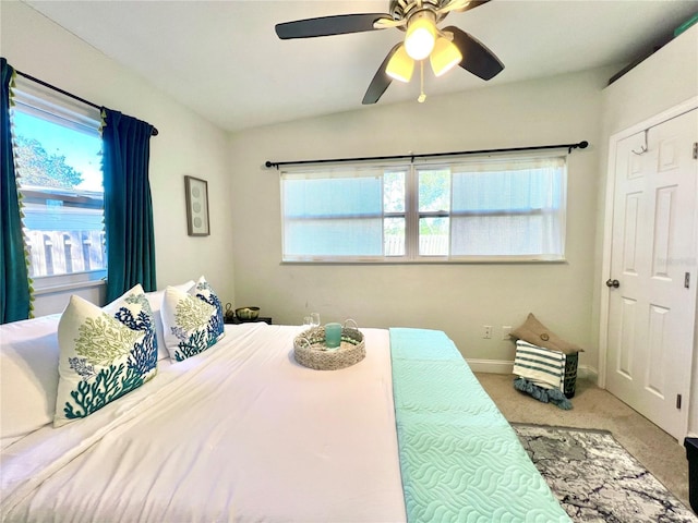 bedroom with ceiling fan and carpet floors