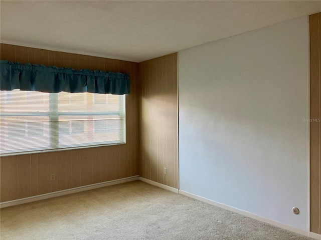 unfurnished room with wood walls, baseboards, and light colored carpet