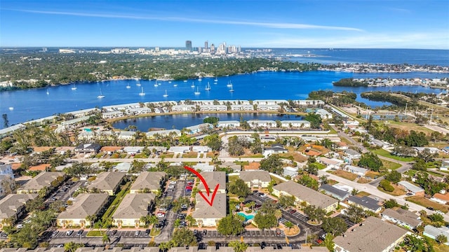 drone / aerial view featuring a water view