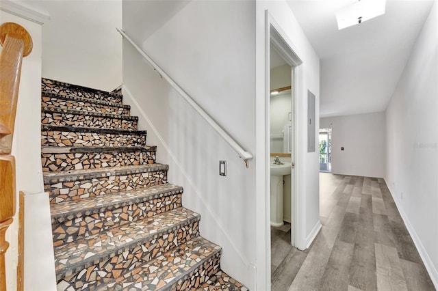 stairway featuring wood-type flooring