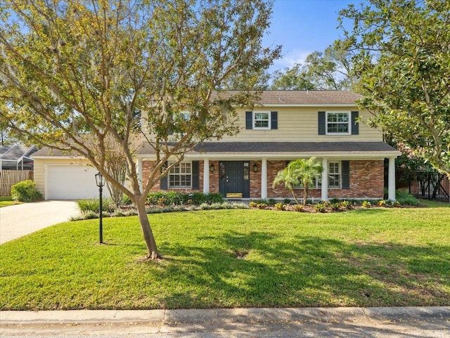 view of front of property with a front lawn and a garage