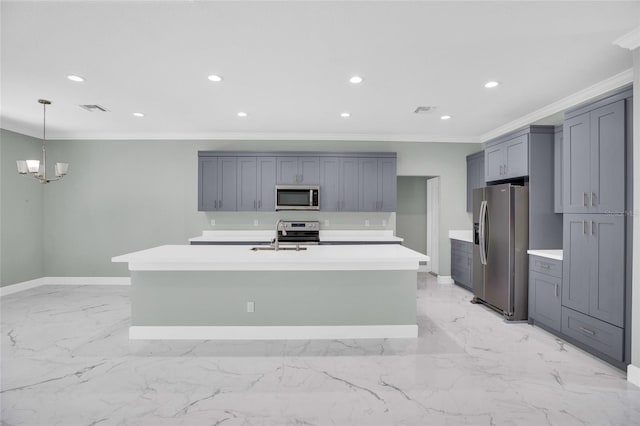 kitchen with gray cabinets, sink, and stainless steel appliances