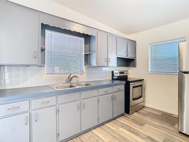 kitchen with decorative backsplash, appliances with stainless steel finishes, light wood-style floors, open shelves, and a sink