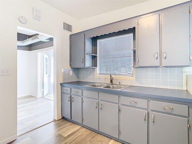 kitchen featuring gray cabinets, visible vents, a sink, and light wood finished floors