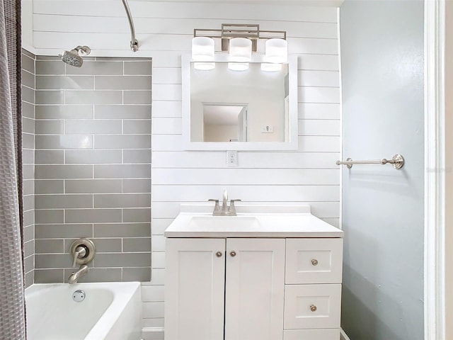 full bath featuring shower / bath combination with curtain and vanity