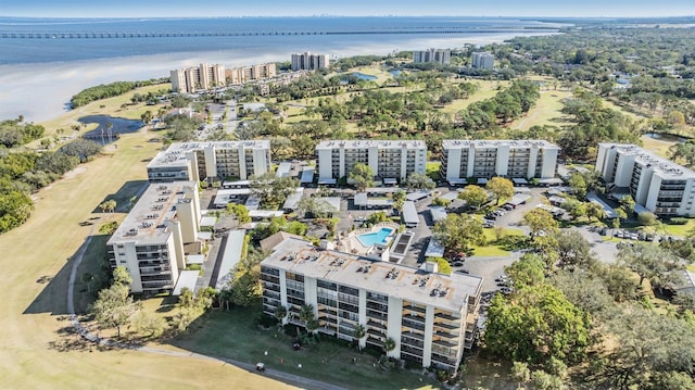 bird's eye view with a water view