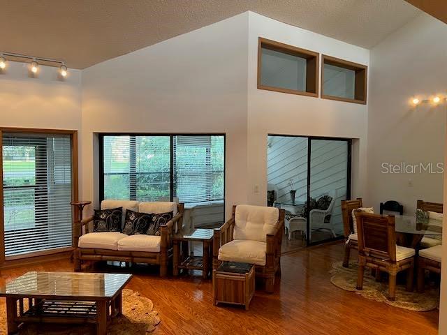 living room featuring hardwood / wood-style floors and a towering ceiling