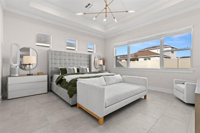 bedroom with crown molding, a tray ceiling, light tile patterned floors, and a notable chandelier