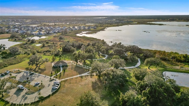 bird's eye view with a water view