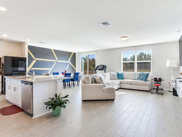 living room featuring a textured ceiling and sink